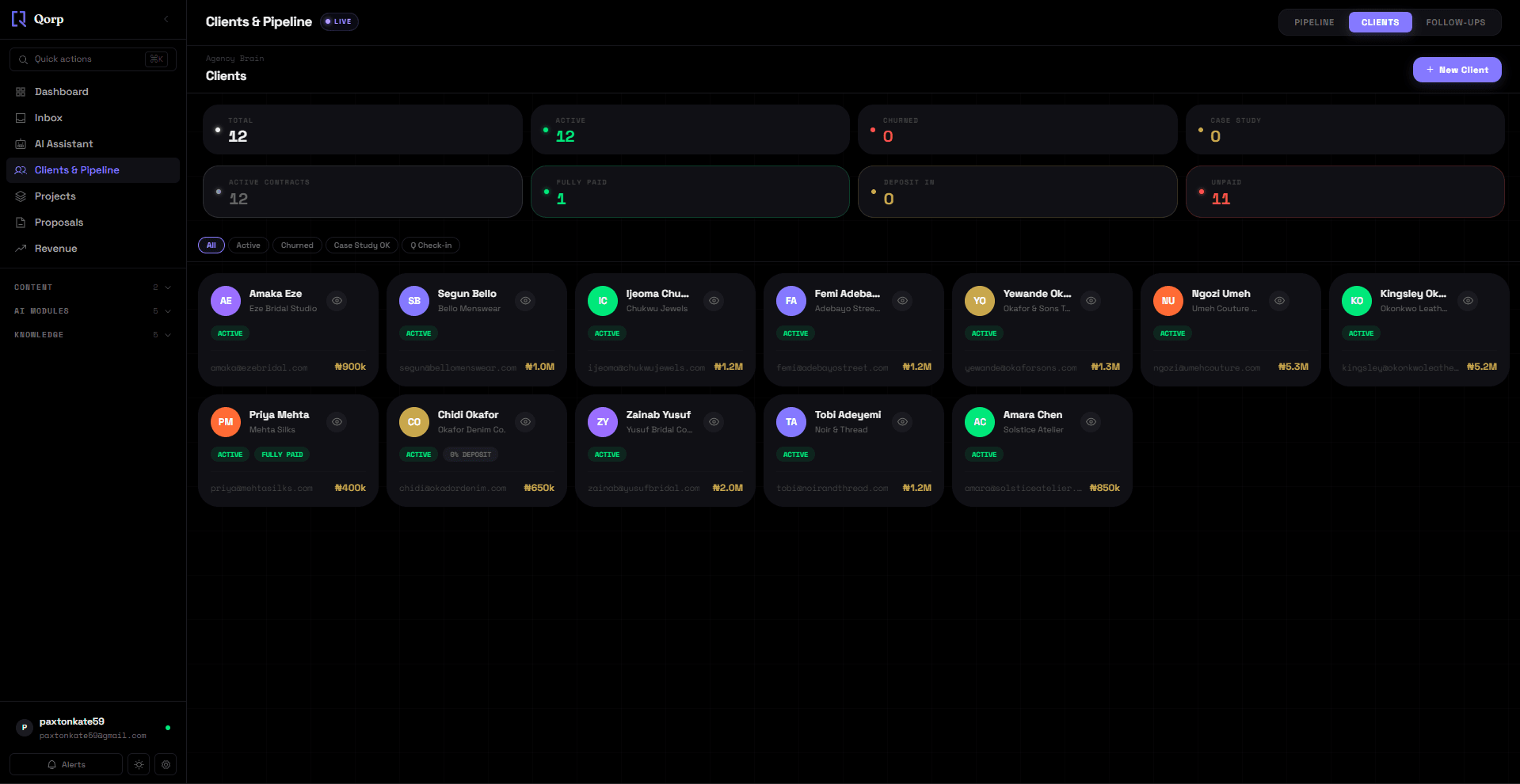 Clients list with contract and payment status