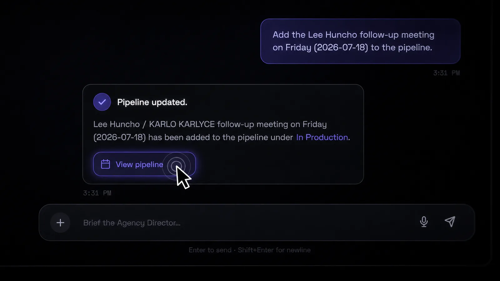 AI Director confirming a pipeline update from a chat message